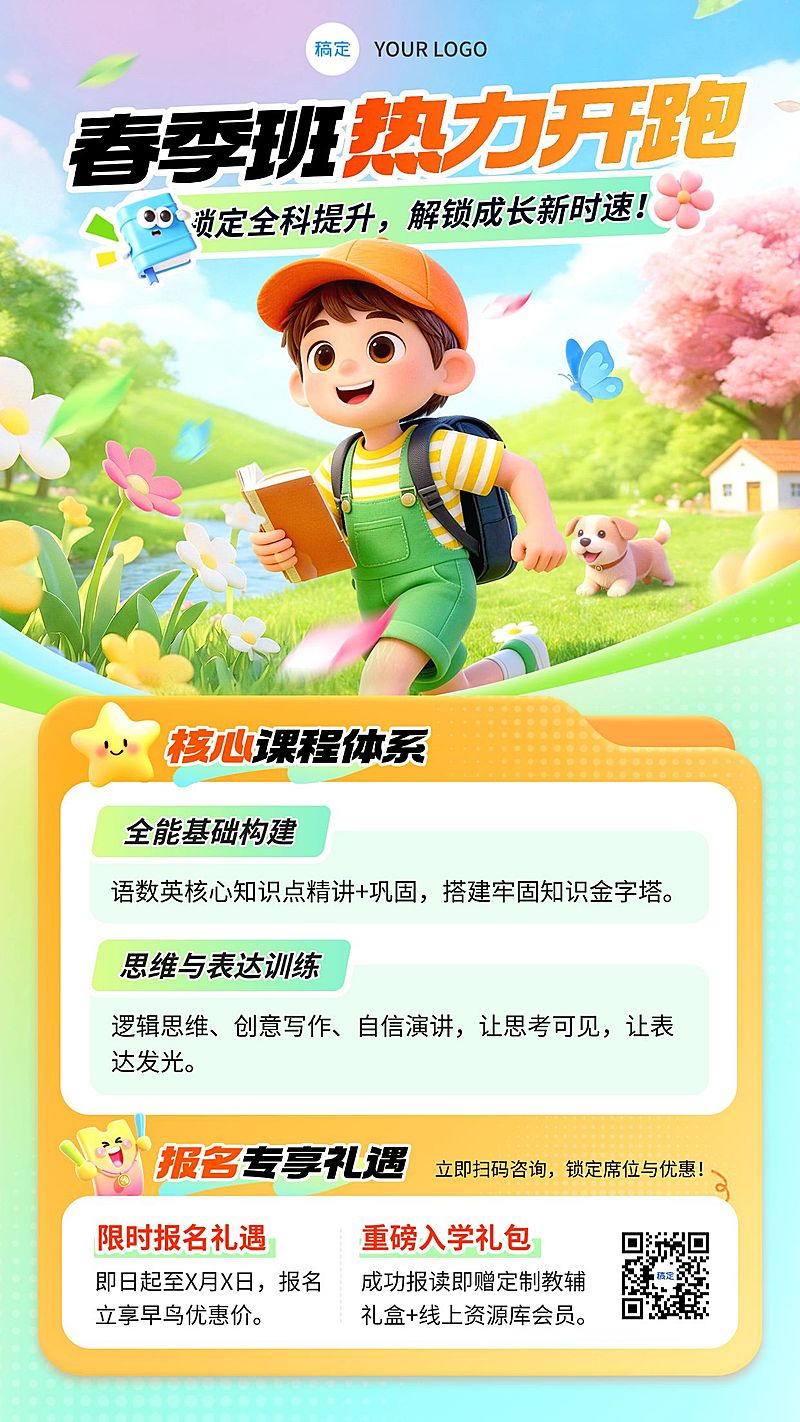开学季春季班小学教育课程海报