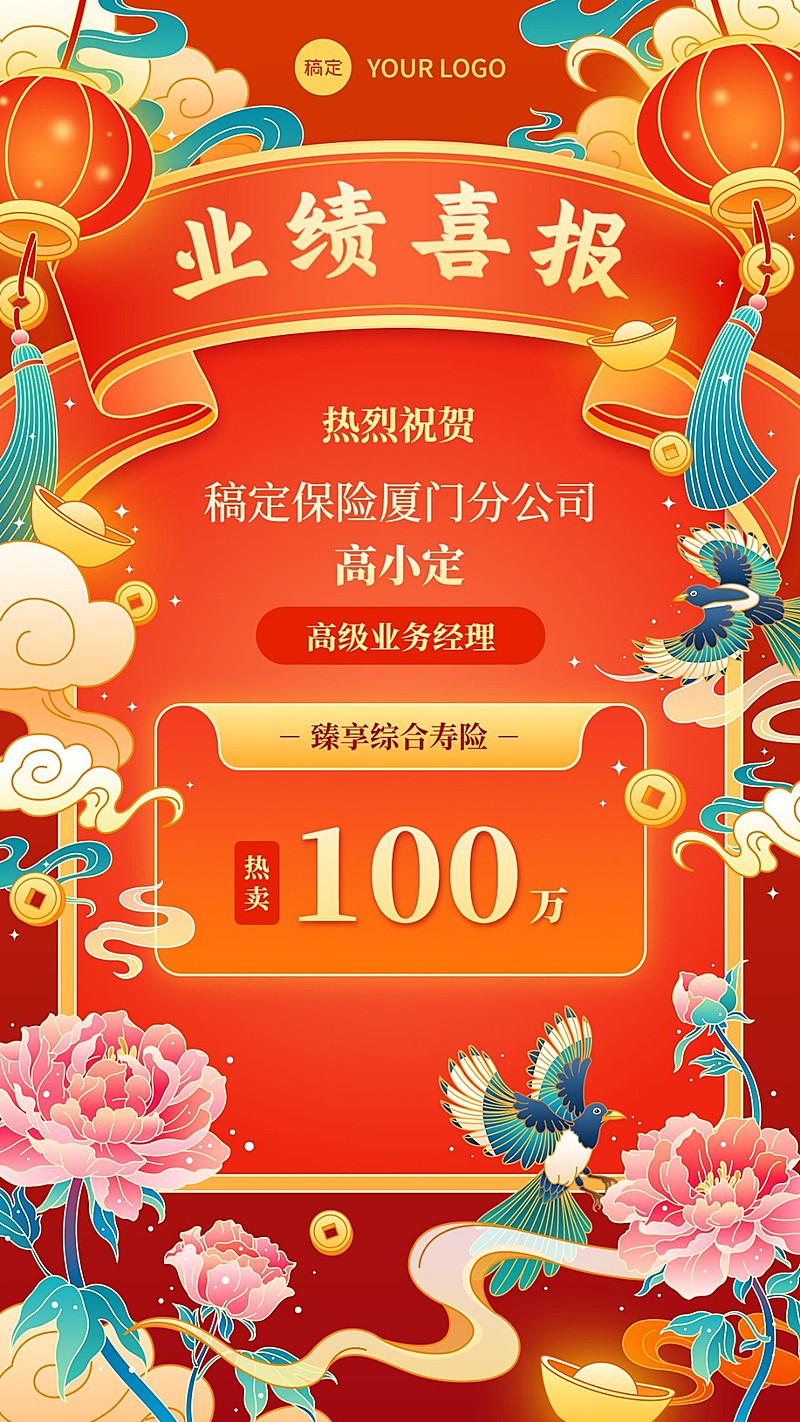 金融保险销售业绩表彰喜报国潮风手机海报