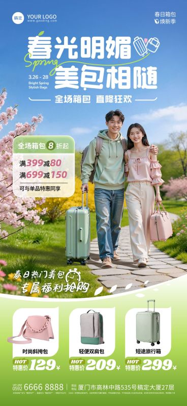 商品零售服饰箱包春天满减促销全屏海报预览效果