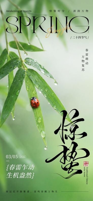 惊蛰节日祝福通用清新感全屏竖版海报预览效果