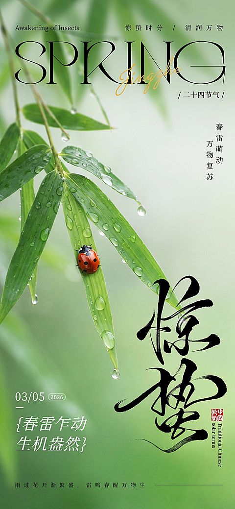 惊蛰节日祝福通用清新感全屏竖版海报