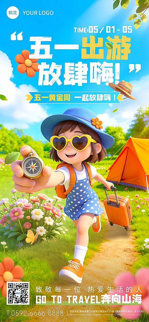 51五一劳动节节日祝福旅游出行活泼感全屏海报