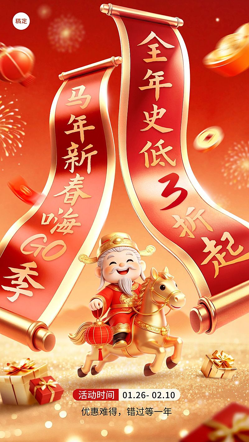 春节节日营销线上渠道通用促销感竖版海报