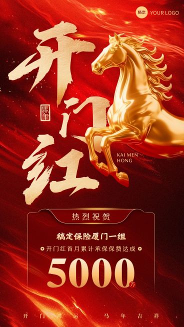 开门红金融保险银行马年业绩喜报手机海报预览效果
