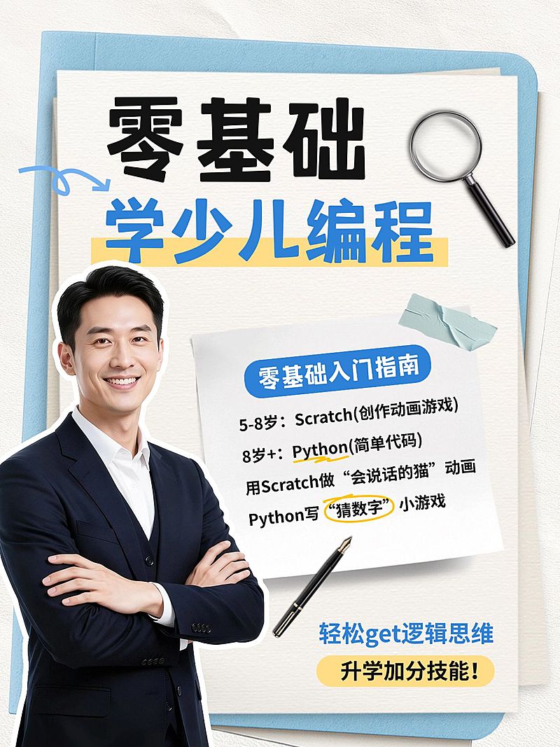 教育培训K12教育零基础少儿编程课程介绍人像小红书封面