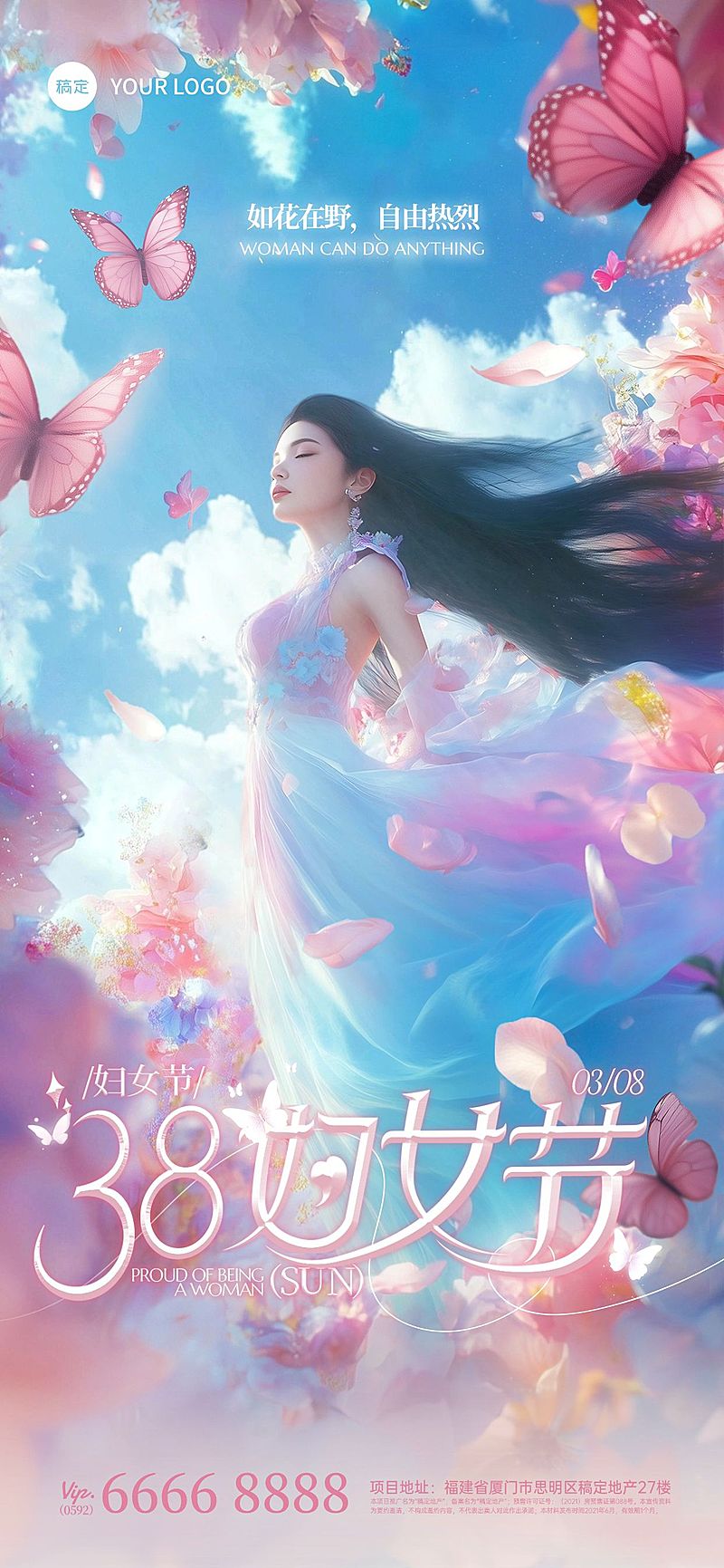 三八妇女节唯美感花海女神海报AIGC