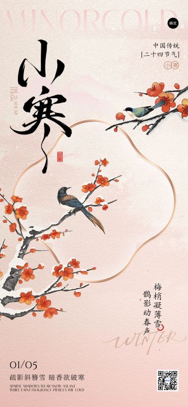 小寒节气祝福花鸟边框中式感通用全屏竖版海报预览效果