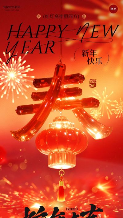 春节节日祝福创意大字喜庆感全屏竖版海报AI