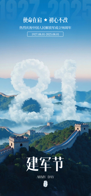  建军节节日祝福实景感全屏竖版海报AIGC预览效果