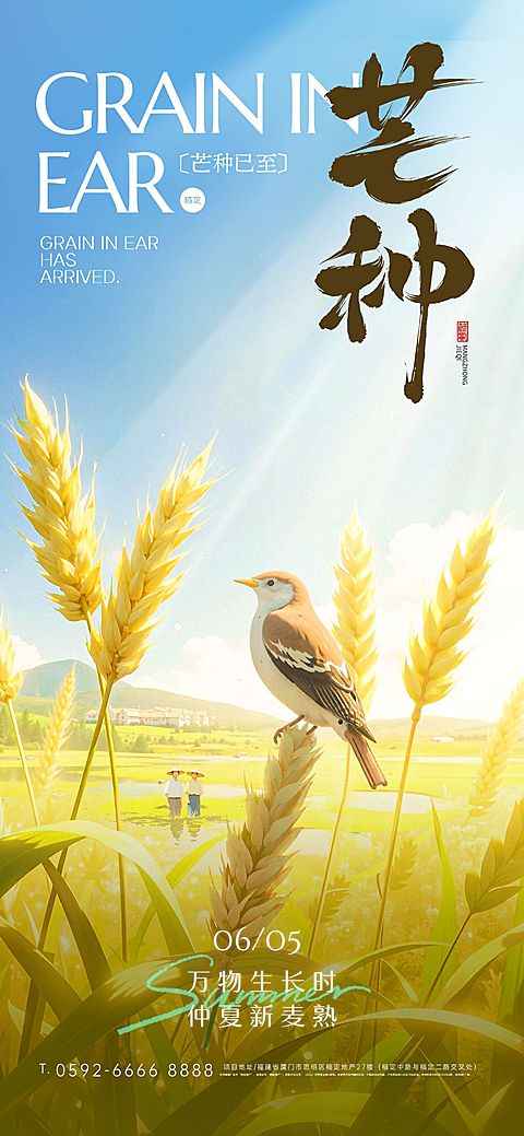 芒种光影感小鸟麦田近景祝福海报AIGC