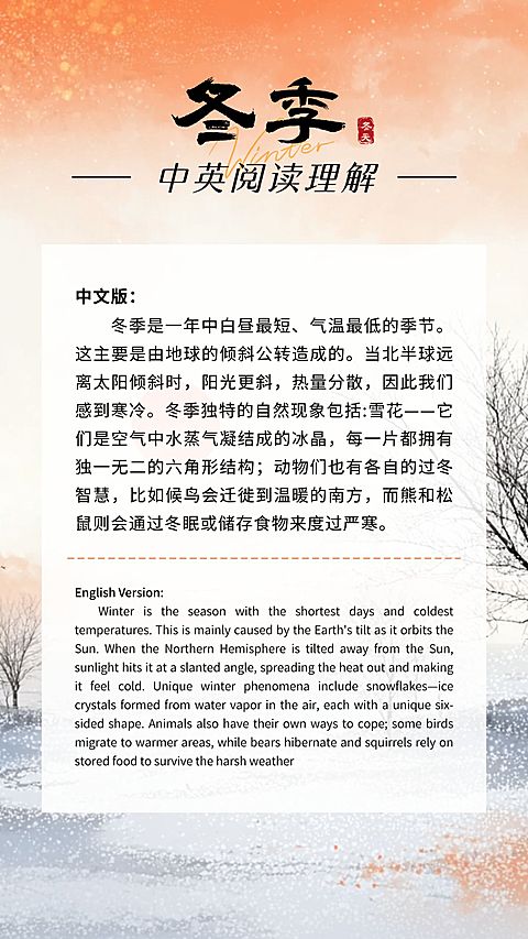 冬季背景中英文阅读理解知识科普海报