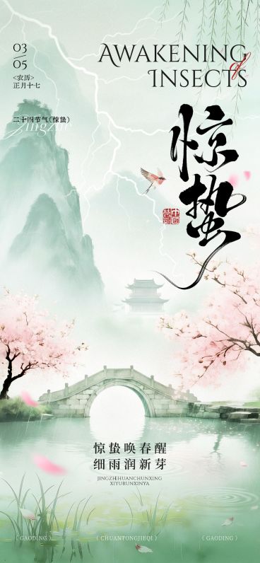 惊蛰节日祝福通用清新感全屏竖版海报预览效果