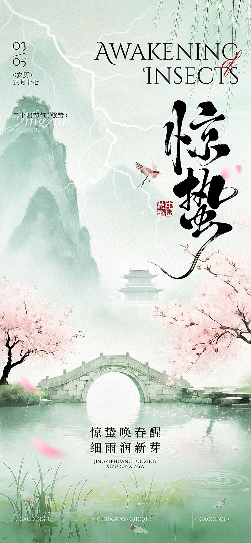 惊蛰节日祝福通用清新感全屏竖版海报