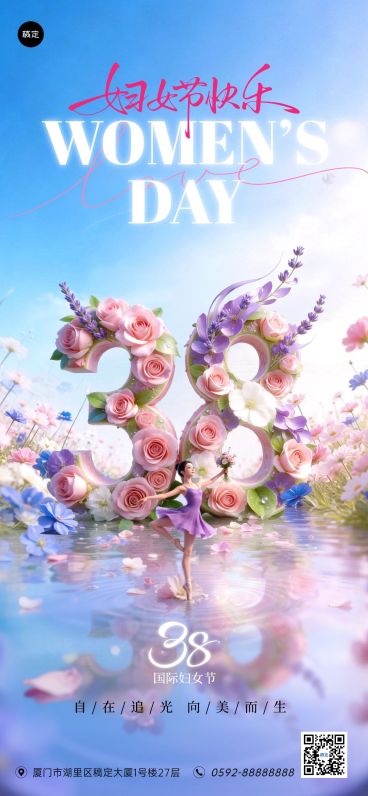 妇女节女神节女王节38节日祝福通用3D感全屏竖版海报预览效果