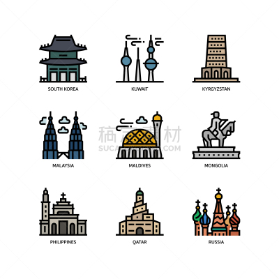 亚洲,大城市,国际著名景点,著名景点,图像,韩国,矢量,马尔代夫,菲律宾,吉尔吉斯斯坦