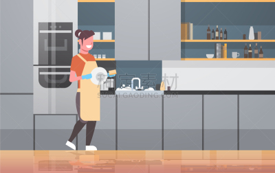 女孩,青年女人,洗餐具,洗碗机,女人,围裙,现代,清洗,微笑,站