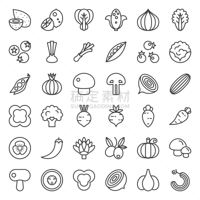 蔬菜,线条,图标集,清新,莴苣,食品,西兰花,朝鲜蓟,花椰菜,豌豆