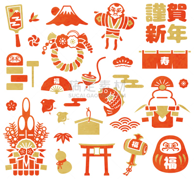 新年前夕,绘画插图,日本,镜饼,可爱的,一月,富士山,鸟居,卡通