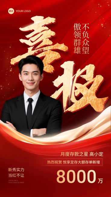 金融银行业绩存单表彰人物喜报手机海报预览效果