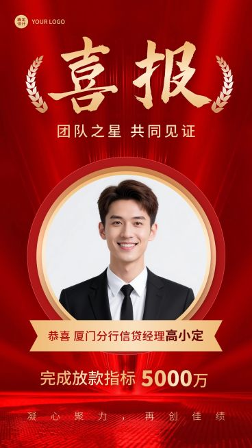 金融保险贷款销售业绩表彰喜报人物喜庆手机海报预览效果