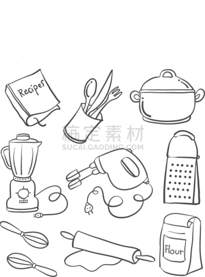 多样,设备用品,乱画,厨房,银餐具,饮料,可爱的,咖啡,收集,烹调