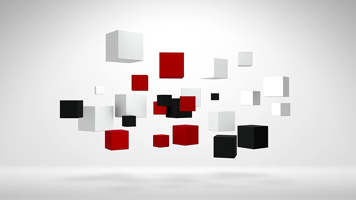 在空白空间中纺制白色、红色和黑色的3D立方体