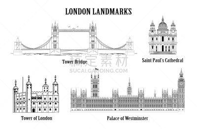 国际著名景点,伦敦,钟塔,塔桥,世界遗产,英国,英格兰,大教堂,建筑,绘画插图