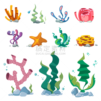 海草,明亮,水族馆,卡通,分离着色,白色,鸡尾酒,自然,野生动物,装饰