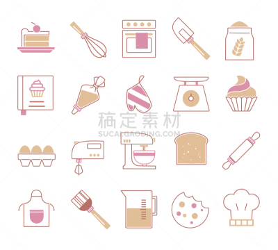 面粉,鸡蛋,纸杯蛋糕,图标集,矢量,食品,搅拌器,工具,家庭,烘