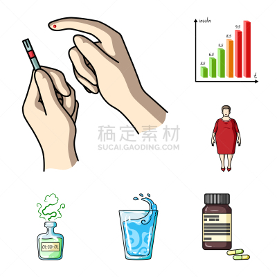 糖尿病,卡通,计算机图标,人,胰岛素,葡萄糖,女人,收集,布置,生病