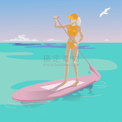 女孩,苗条,桨,天空,海洋,青年人,平衡折角灯,背景聚焦,青绿色,蓝色
