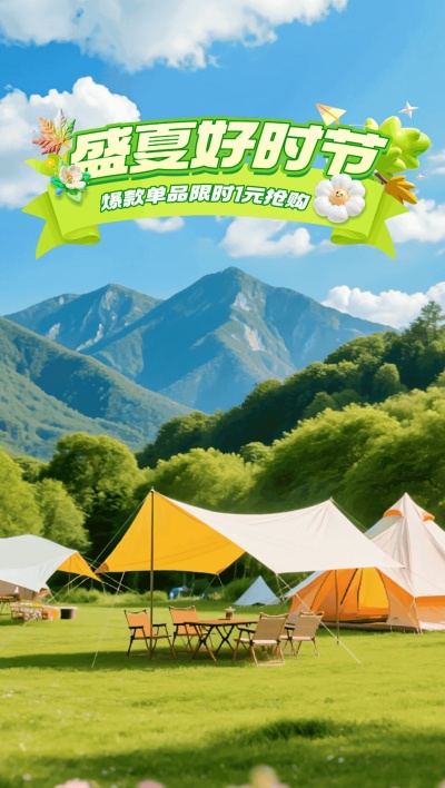 户外露营绿色夏季氛围动态直播背景AIGC