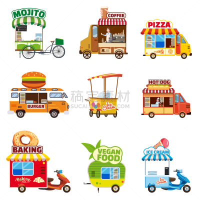 卡车,比萨饼,矢量,食品,绘画插图,卡通,街道,素食,烤肉架,热狗