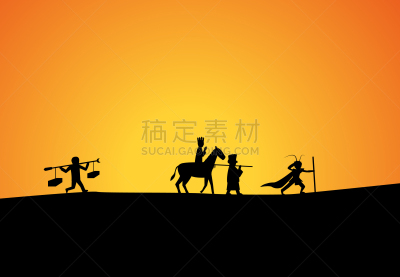 部落艺术,西游记,人,男人,地形,性格,团队,剪影,日落