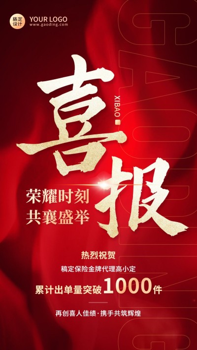 金融保险销售签单业绩表彰贺报喜报红金风手机海报