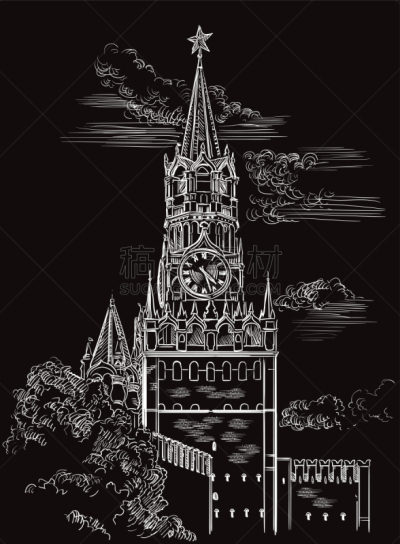 矢量,黑色,绘画插图,莫斯科,动物手,数字9,国际著名景点,斯巴斯基塔,克里姆林宫,背景分离