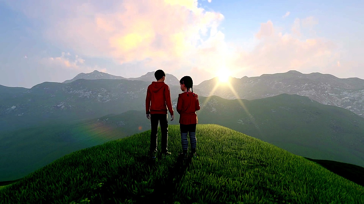 山顶上的3D男孩和女孩看日落