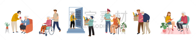 青年人,人,书,绘画插图,家庭生活,矢量,老年人,轮椅,志愿者,支撑