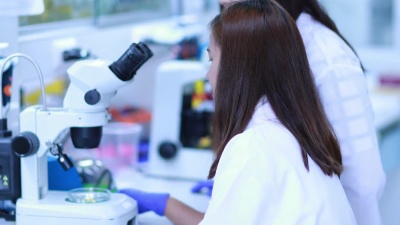 科学家用立体显微镜分析植物病害