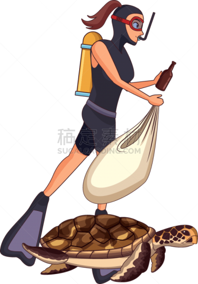 水肺潜水,头像,动画片,人,女人,水下,巨大的,垃圾,在下面,性格