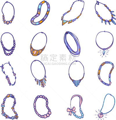 时尚,项链,图标集,华贵,直的,草图,美因河,项坠,绘制,复古