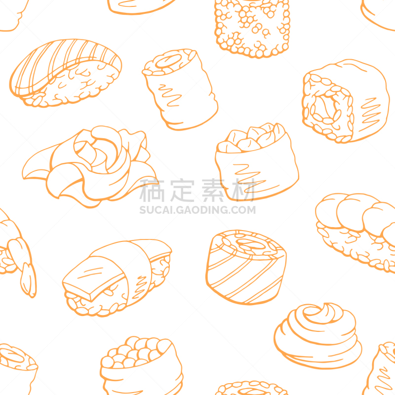 寿司,食品,橙色,四方连续纹样,背景,草图,绘画插图,矢量,插画,华丽的