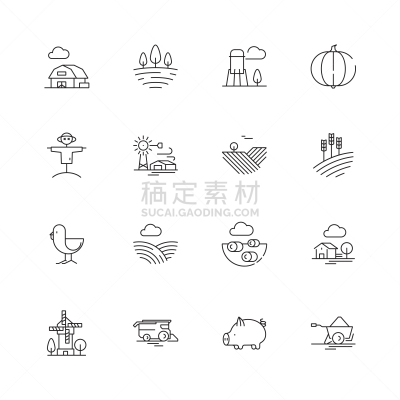 农业,细的,农场,拖拉机,符号,矢量,田地,组物体,线条,地形