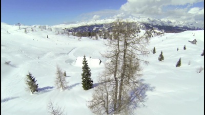 航拍:在滑雪胜地的落叶松上飞过