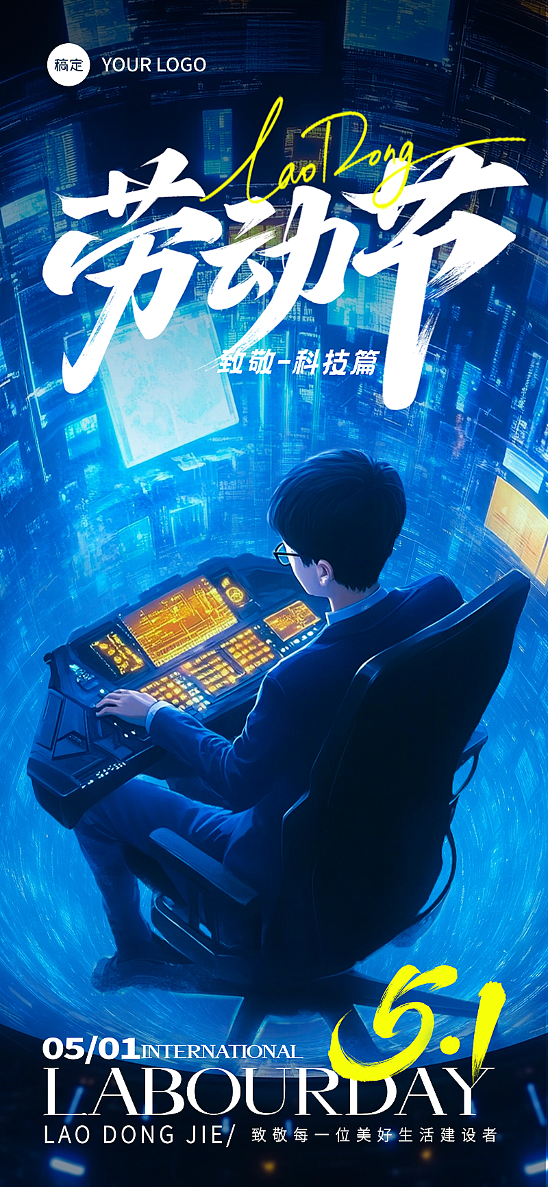 科技工作者程序员光影感劳动者场景海报AIGC