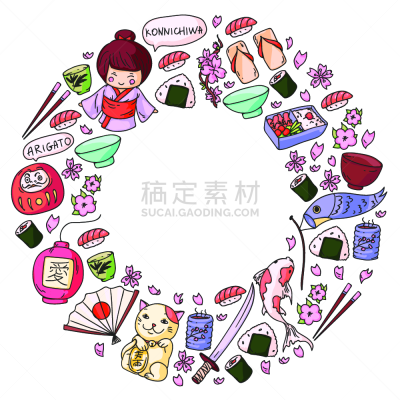 折纸工艺,日本,矢量,式样,传统,组物体,富士山,日本武士,和服,寿司
