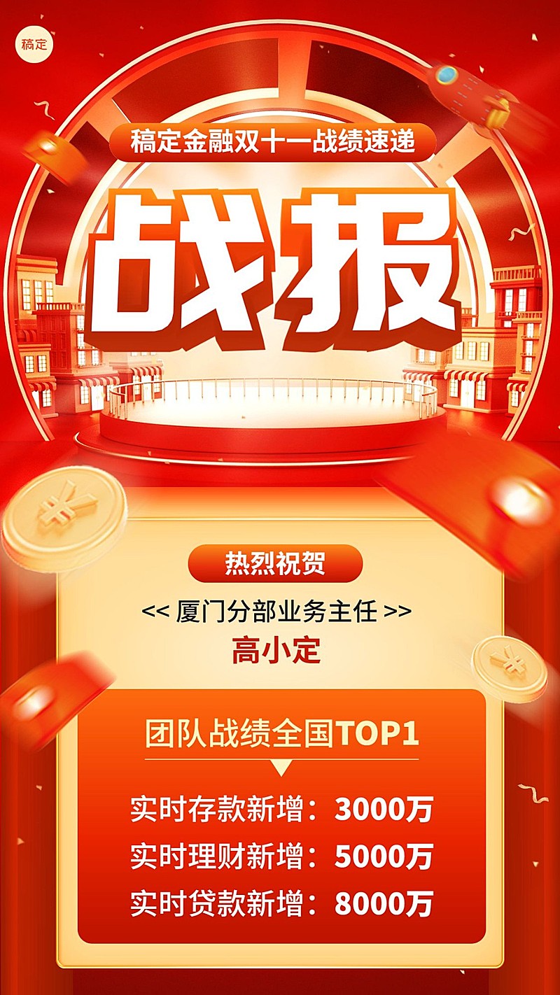 双十一金融保险销售业绩表彰喜报战报3D促销感手机海报