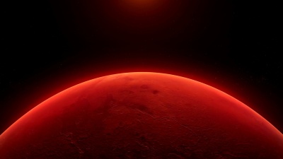 真实的火星在深空旋转。3D数字背景。