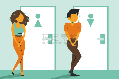 卫生间,门,男人,女人,紧迫,膀胱炎,绘画插图,卡通,问题,碗