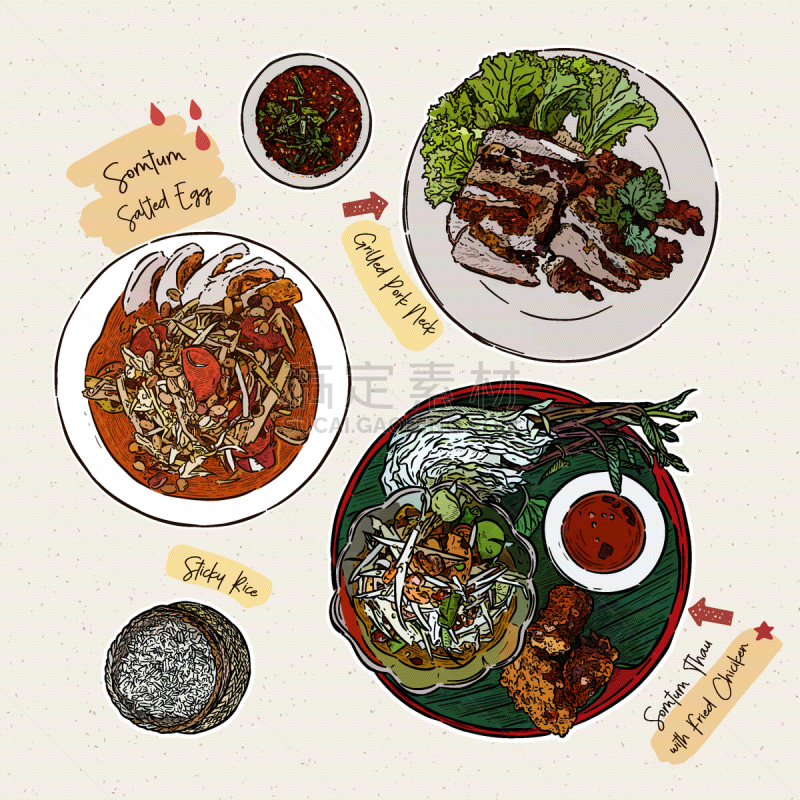 木瓜,沙拉,街道,美味,泰国食品,咸蛋,绿色,精神振作,绘制,布置